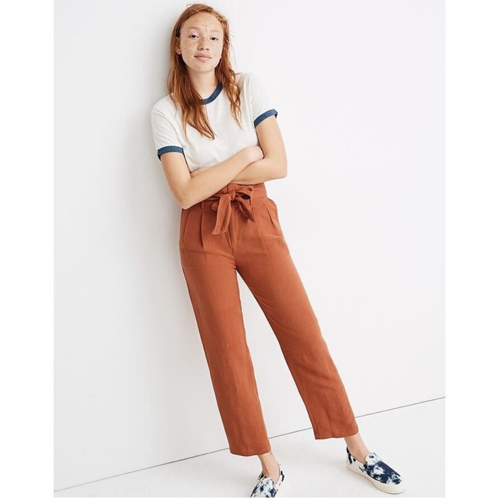 Madewell Linen-Blend Paperbag Pants High Waisted Crop Tapered Brown 00